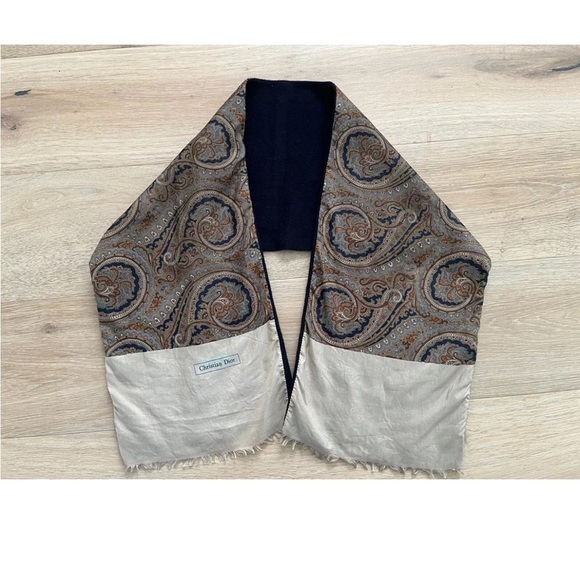 Vtg CHRISTIAN DIOR SILK WOOL PAISLEY PRINT SCARF Blue And Brown - Picture 1 of 5